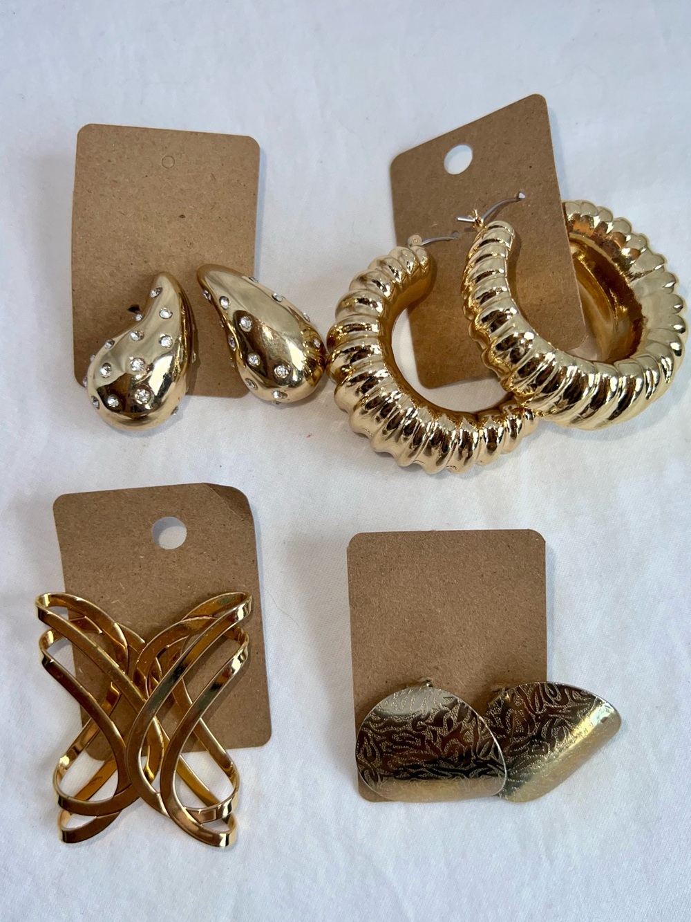 NEW Gold Tone Earring Lot 4 Pairs Hoops Studs Statement Vintage Style NEW